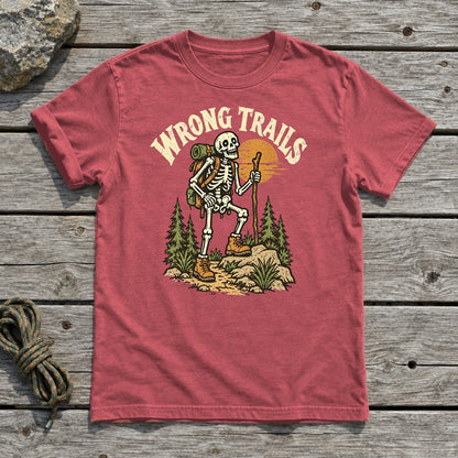 Wrong Trails Skeleton Hiker Graphic Tee on Heather Red Everyday Soft Tee