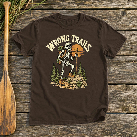 Wrong Trails Skeleton Hiker Graphic Tee on Dark Chocolate Everyday Soft Tee