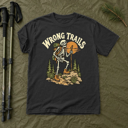Wrong Trails Skeleton Hiker Graphic Tee on Black Premium Tee