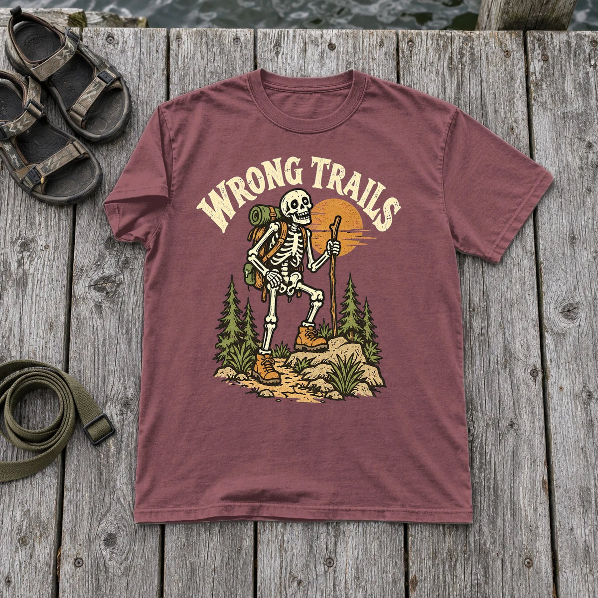 Wrong Trails Skeleton Hiker Graphic Tee on Brick Premium Tee