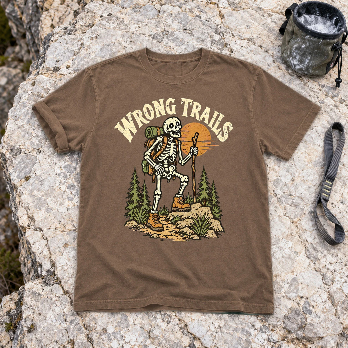 Wrong Trails Skeleton Hiker Graphic Tee on Espresso Premium Tee