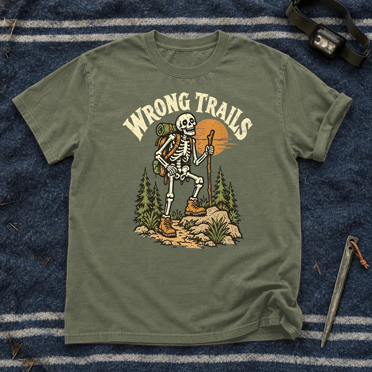 Wrong Trails Skeleton Hiker Graphic Tee on Moss Premium Tee