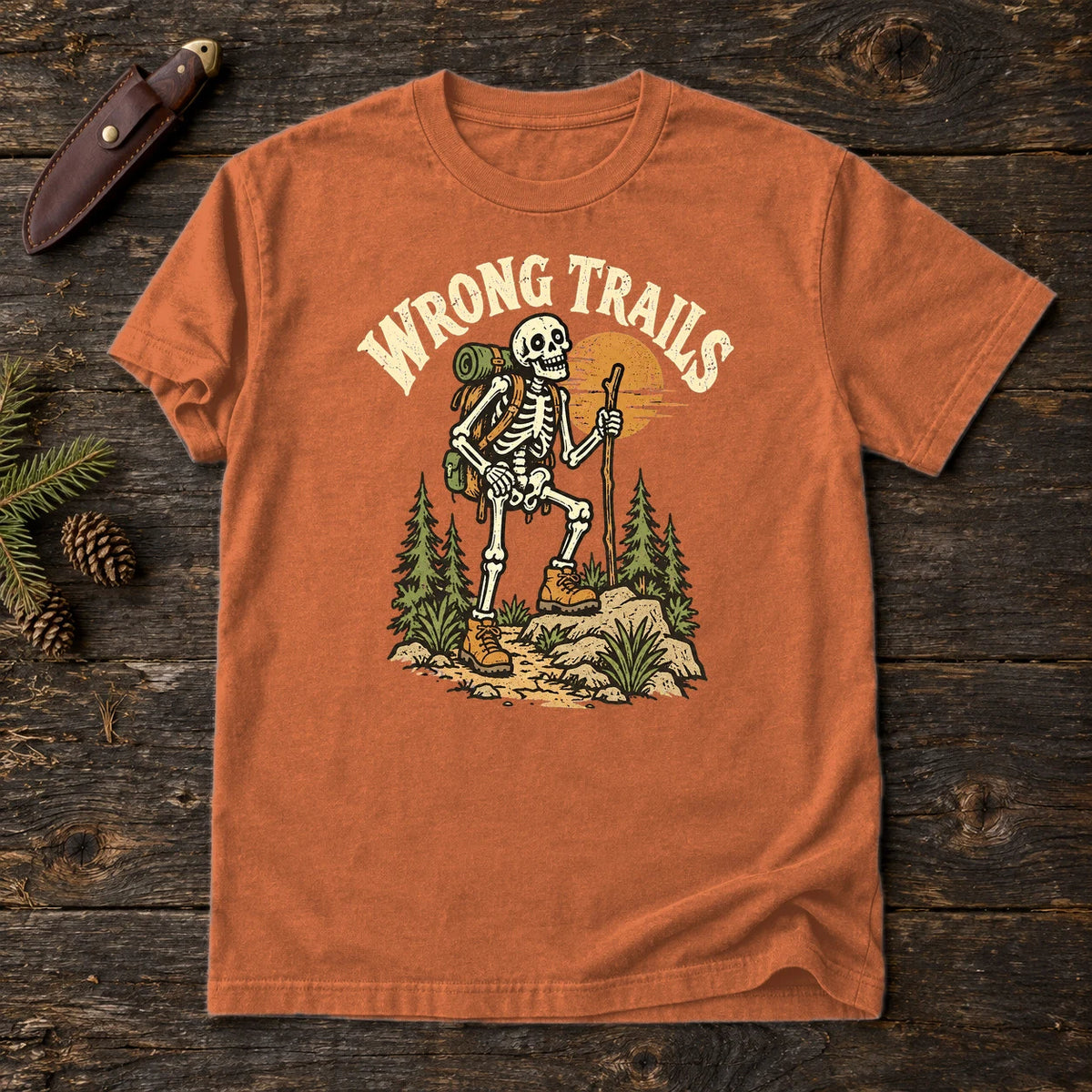 Wrong Trails Skeleton Hiker Graphic Tee on Yam Premium Tee
