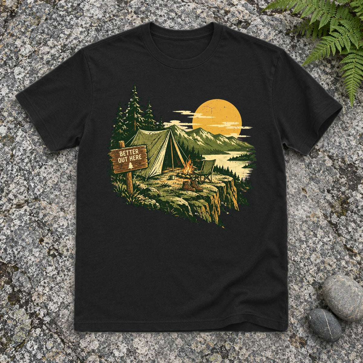 Better Out Here Vintage Camping Graphic Tee on Black Everyday Soft Tee