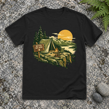 Better Out Here Vintage Camping Graphic Tee on Black Everyday Soft Tee