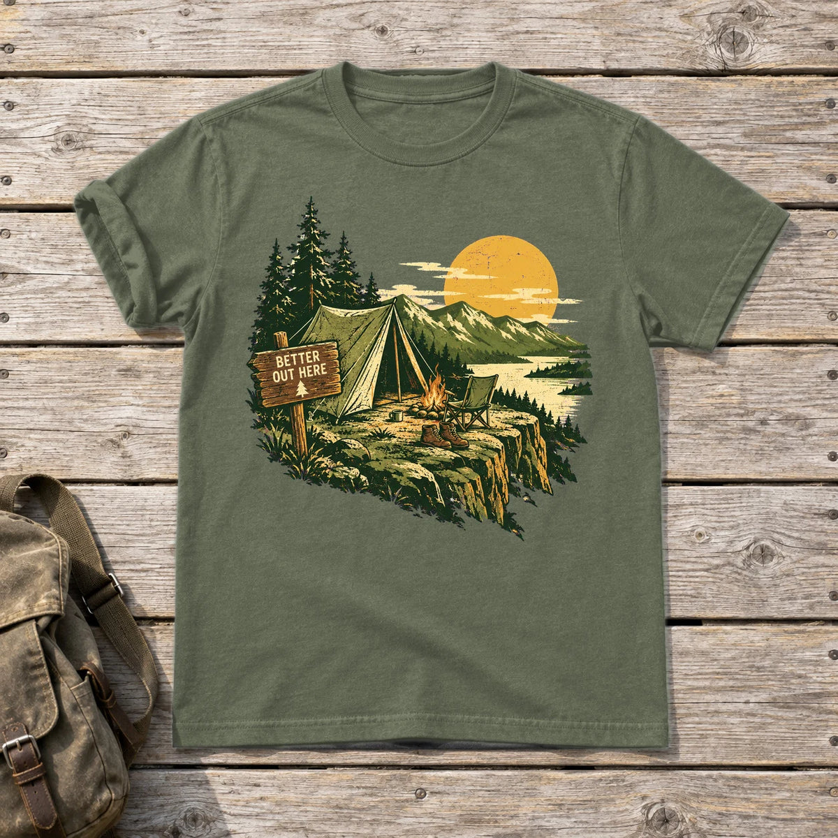 Better Out Here Vintage Camping Graphic Tee on Military Green Everyday Soft Tee