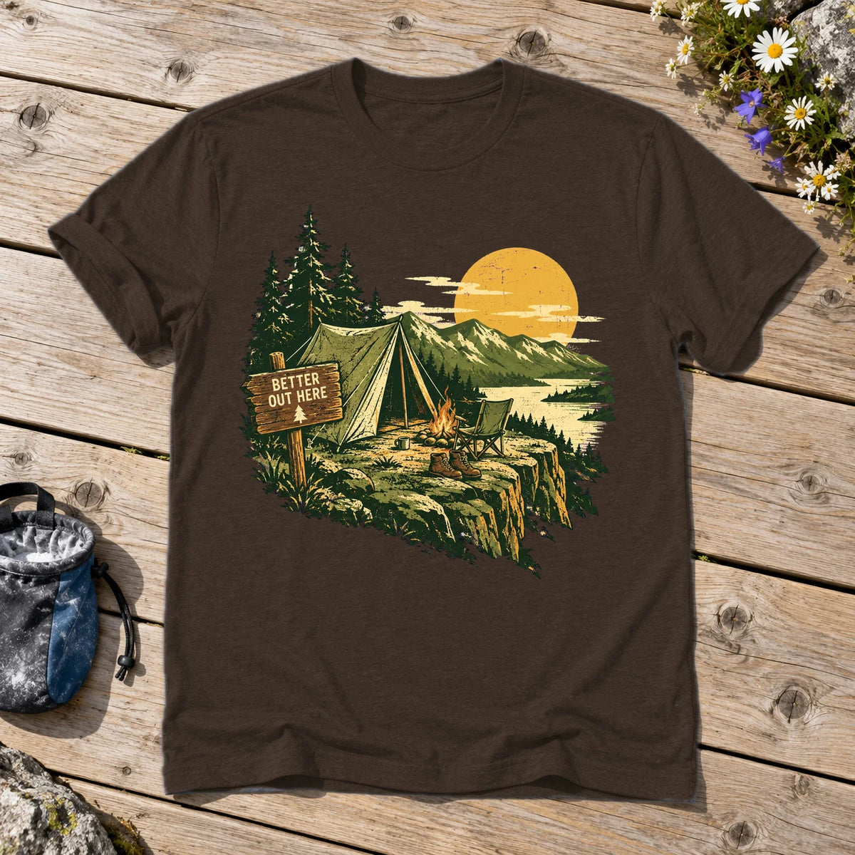 Better Out Here Vintage Camping Graphic Tee on Dark Chocolate Everyday Soft Tee