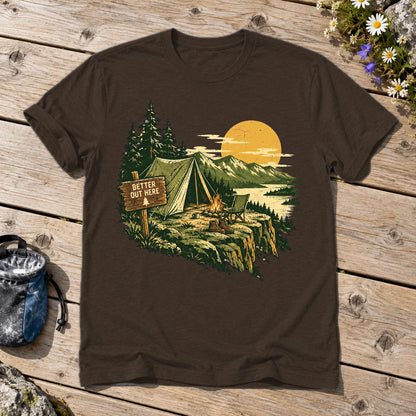 Better Out Here Vintage Camping Graphic Tee on Dark Chocolate Everyday Soft Tee