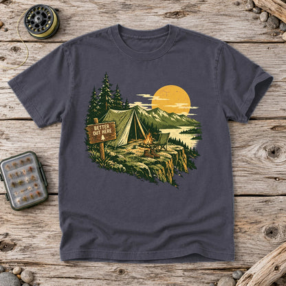 Better Out Here Vintage Camping Graphic Tee on Navy Premium Tee