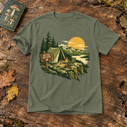 Better Out Here Vintage Camping Graphic Tee on Moss Premium Tee