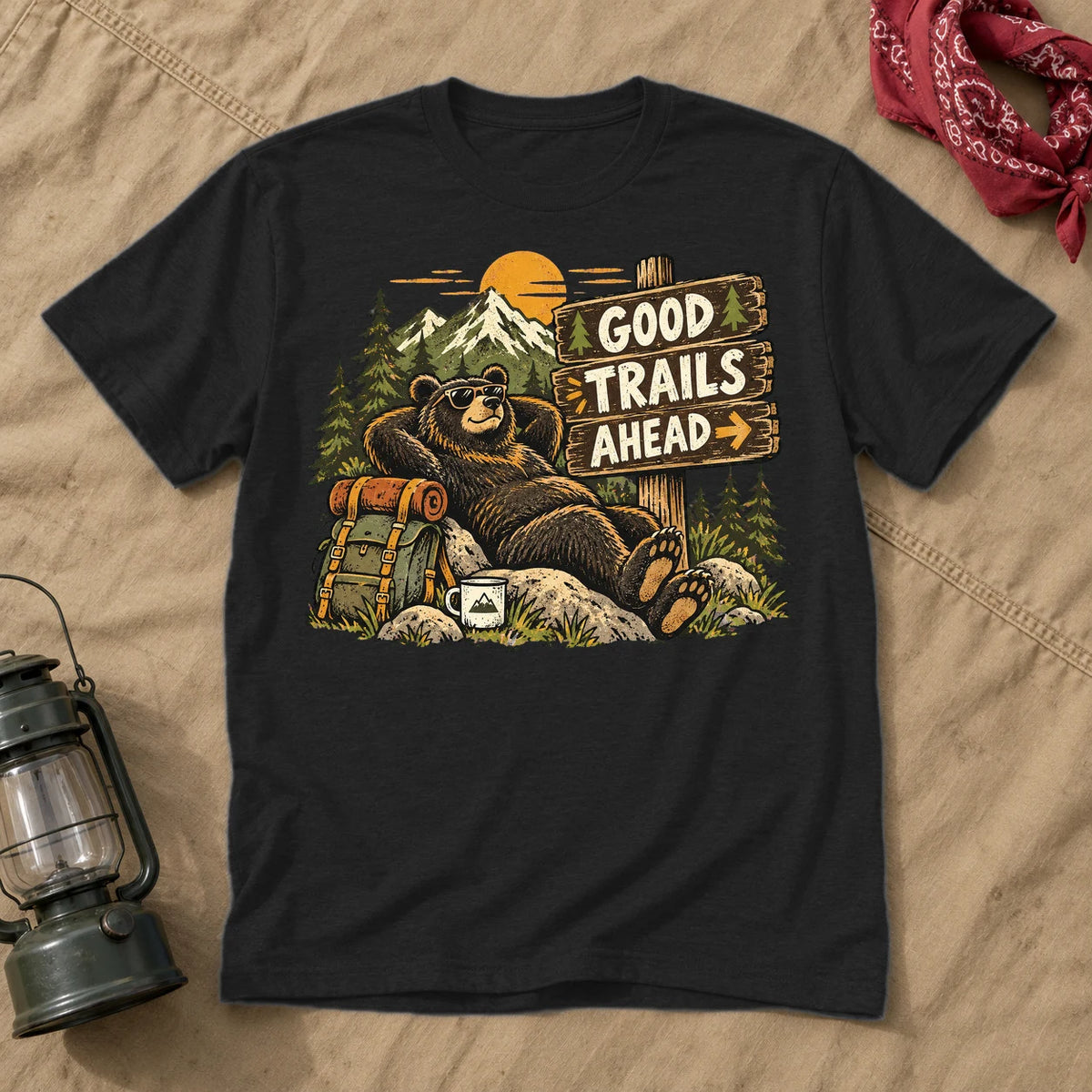 Good Trails Ahead Hiking Bear Graphic Tee on Black Everyday Soft Tee