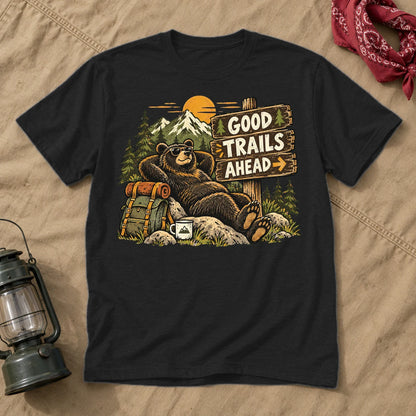 Good Trails Ahead Hiking Bear Graphic Tee on Black Everyday Soft Tee