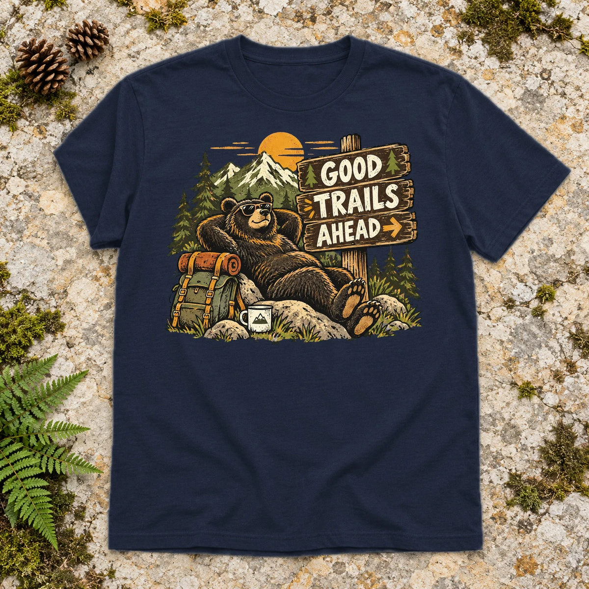 Good Trails Ahead Hiking Bear Graphic Tee on Navy Everyday Soft Tee