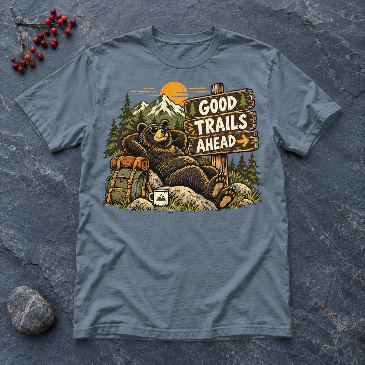 Good Trails Ahead Hiking Bear Graphic Tee on Heather Indigo Everyday Soft Tee