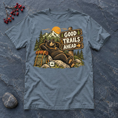 Good Trails Ahead Hiking Bear Graphic Tee on Heather Indigo Everyday Soft Tee
