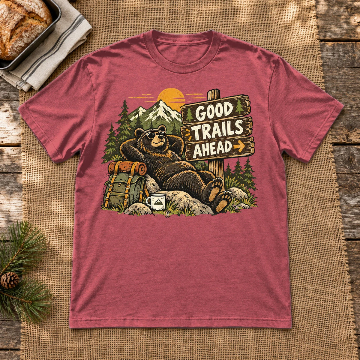 Good Trails Ahead Hiking Bear Graphic Tee on Heather Red Everyday Soft Tee