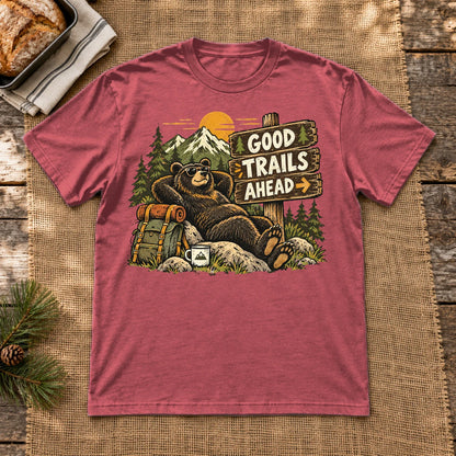 Good Trails Ahead Hiking Bear Graphic Tee on Heather Red Everyday Soft Tee