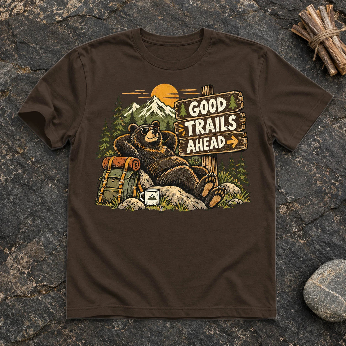 Good Trails Ahead Hiking Bear Graphic Tee on Dark Chocolate Everyday Soft Tee