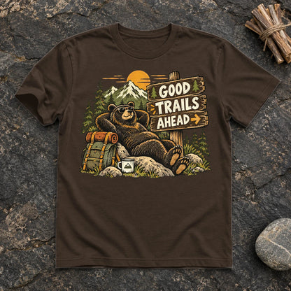 Good Trails Ahead Hiking Bear Graphic Tee on Dark Chocolate Everyday Soft Tee