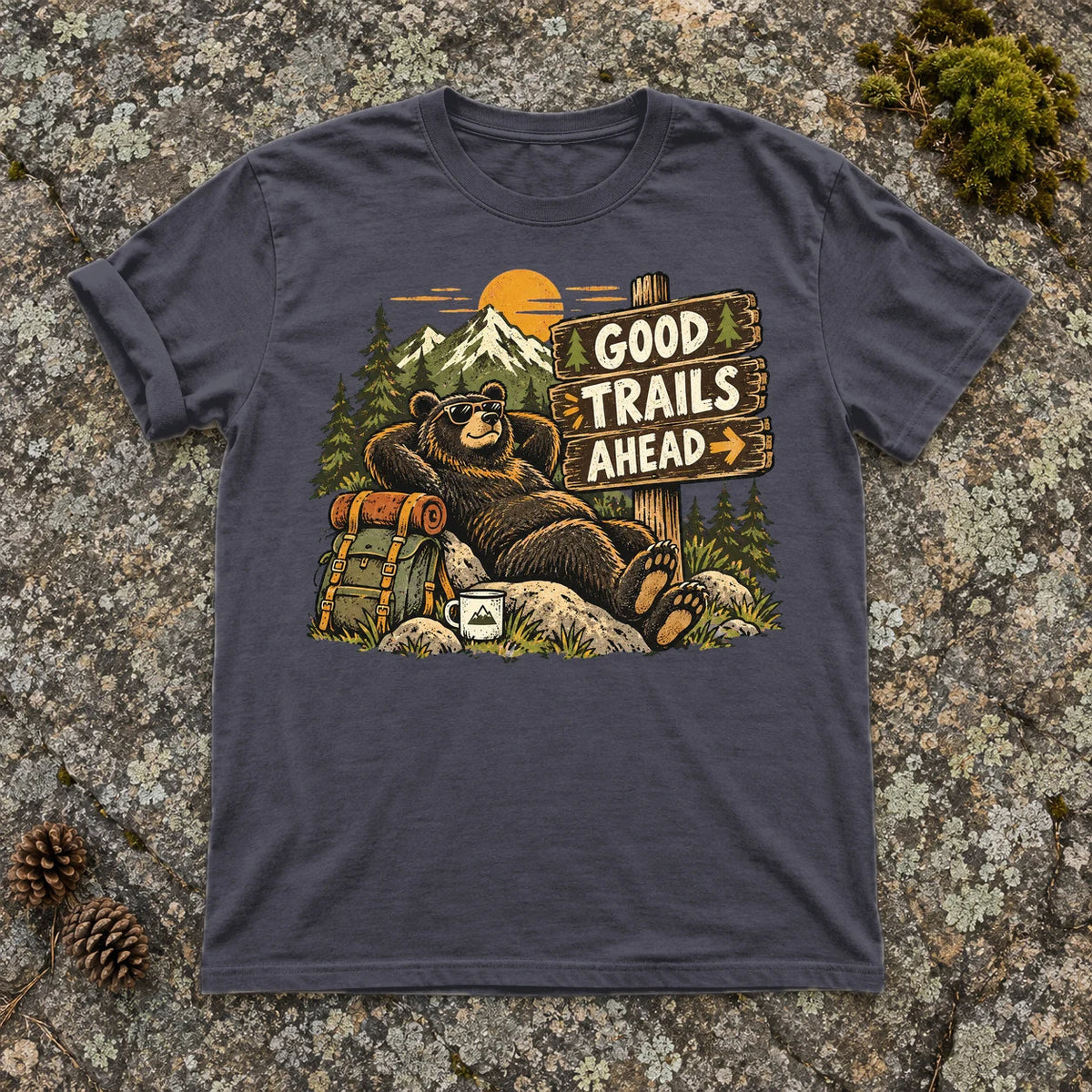 Good Trails Ahead Hiking Bear Graphic Tee on Navy Premium Tee