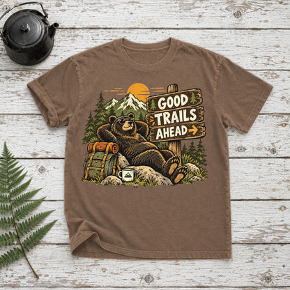 Good Trails Ahead Hiking Bear Graphic Tee on Espresso Premium Tee