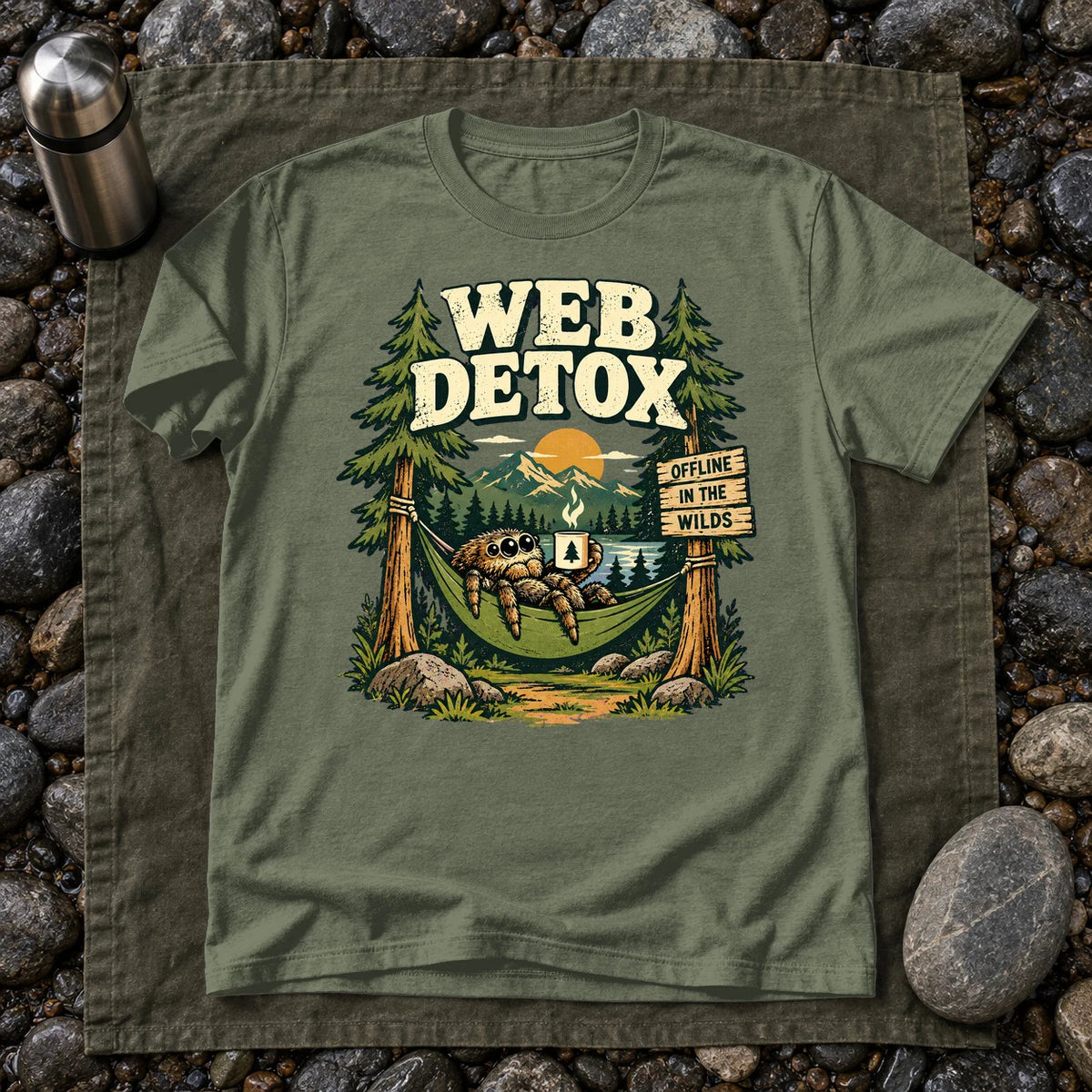 Web Detox Spider Graphic Tee on Military Green Everyday Soft Tee