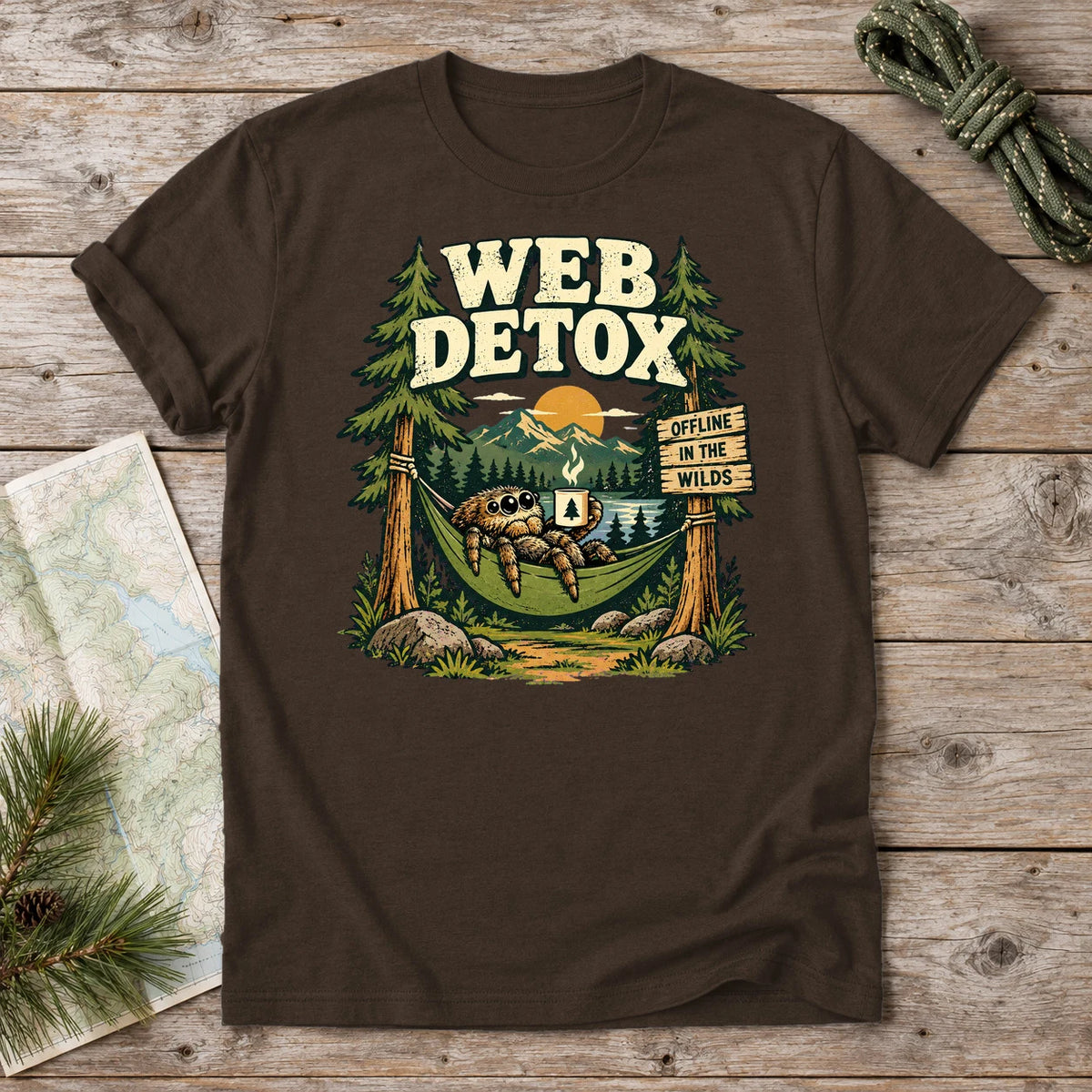 Web Detox Spider Graphic Tee on Dark Chocolate Everyday Soft Tee