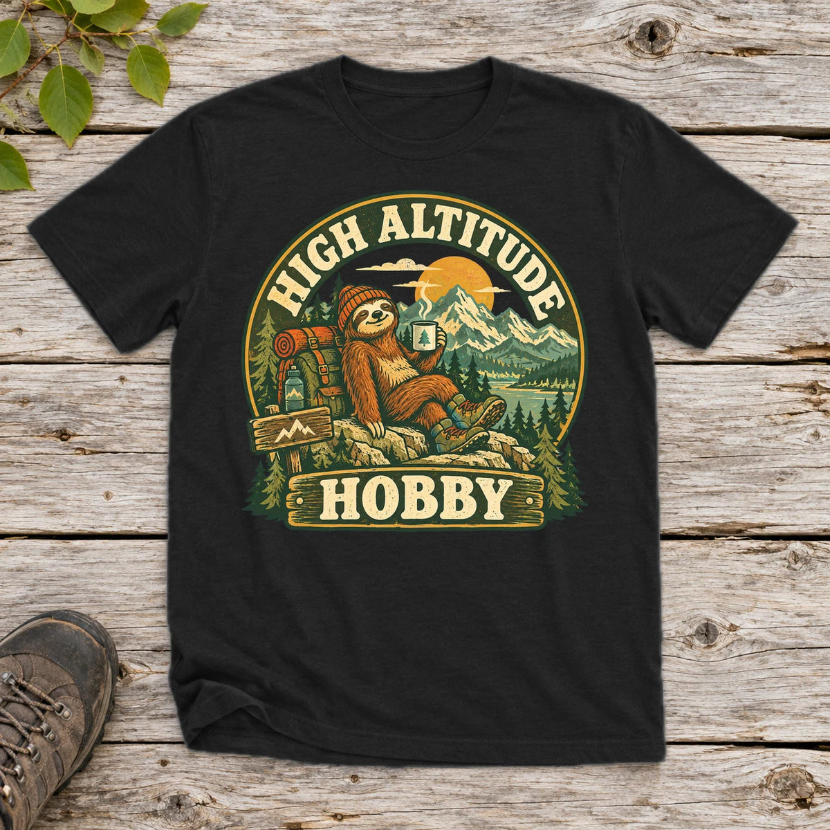 High Altitude Hobby Sloth Graphic Tee on Black Everyday Soft Tee
