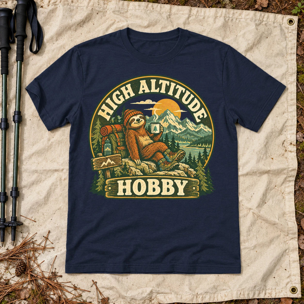 High Altitude Hobby Sloth Graphic Tee on Navy Everyday Soft Tee