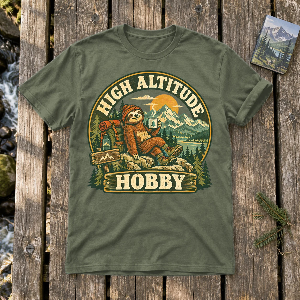 High Altitude Hobby Sloth Graphic Tee on Military Green Everyday Soft Tee