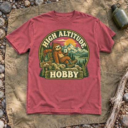 High Altitude Hobby Sloth Graphic Tee on Heather Red Everyday Soft Tee
