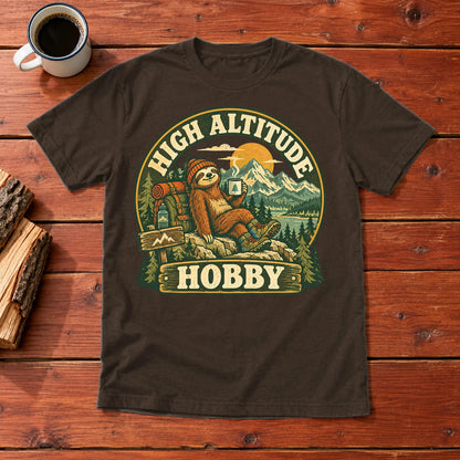 High Altitude Hobby Sloth Graphic Tee on Dark Chocolate Everyday Soft Tee