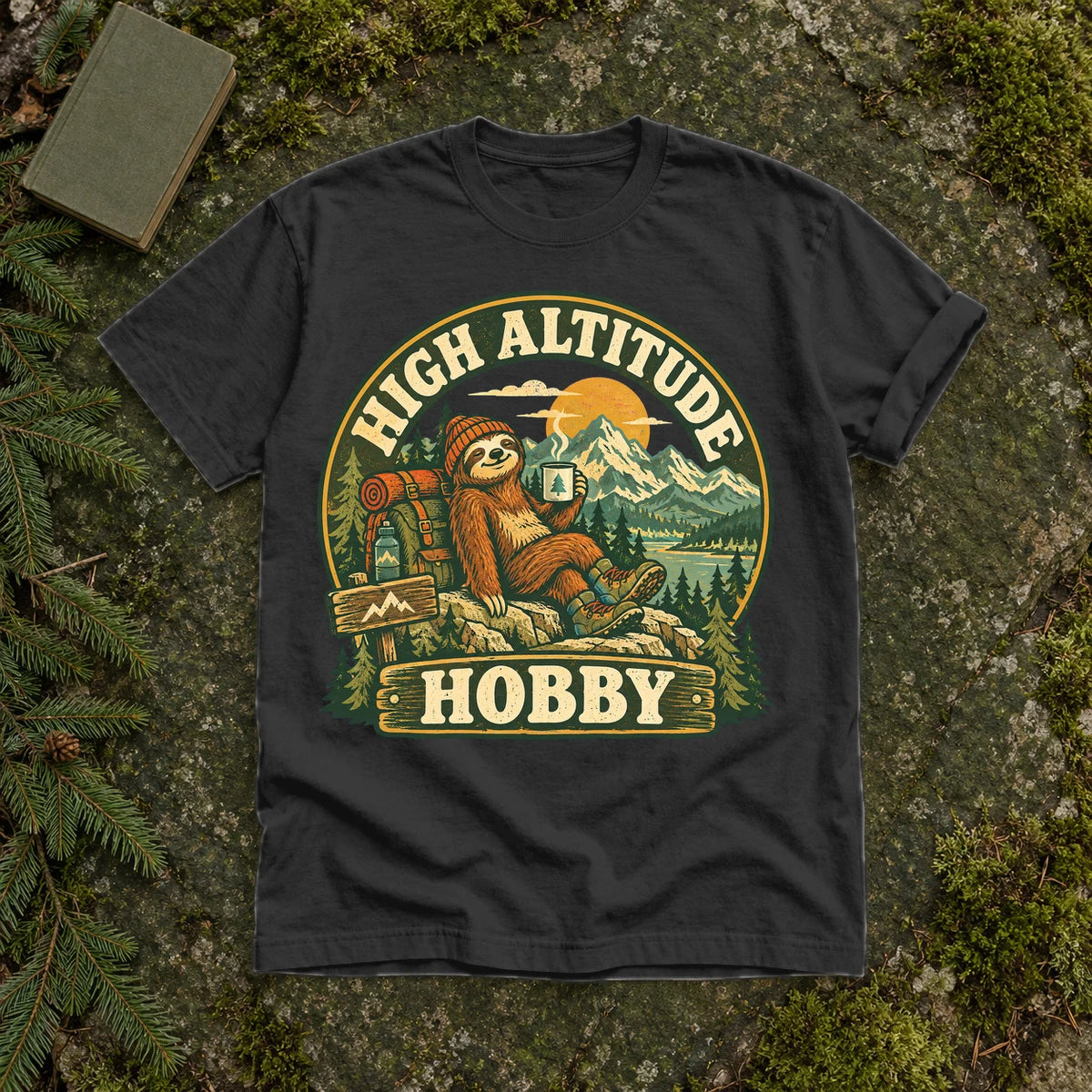High Altitude Hobby Sloth Graphic Tee on Black Premium Tee