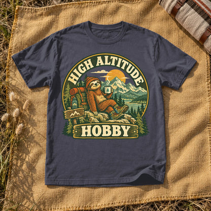 High Altitude Hobby Sloth Graphic Tee on Navy Premium Tee