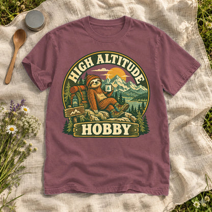 High Altitude Hobby Sloth Graphic Tee on Brick Premium Tee