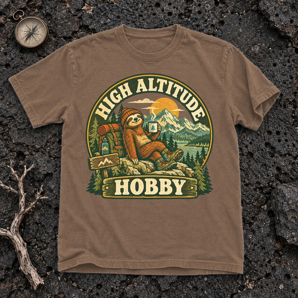 High Altitude Hobby Sloth Graphic Tee on Espresso Premium Tee