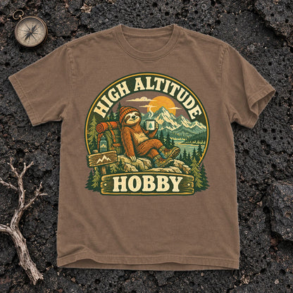 High Altitude Hobby Sloth Graphic Tee on Espresso Premium Tee
