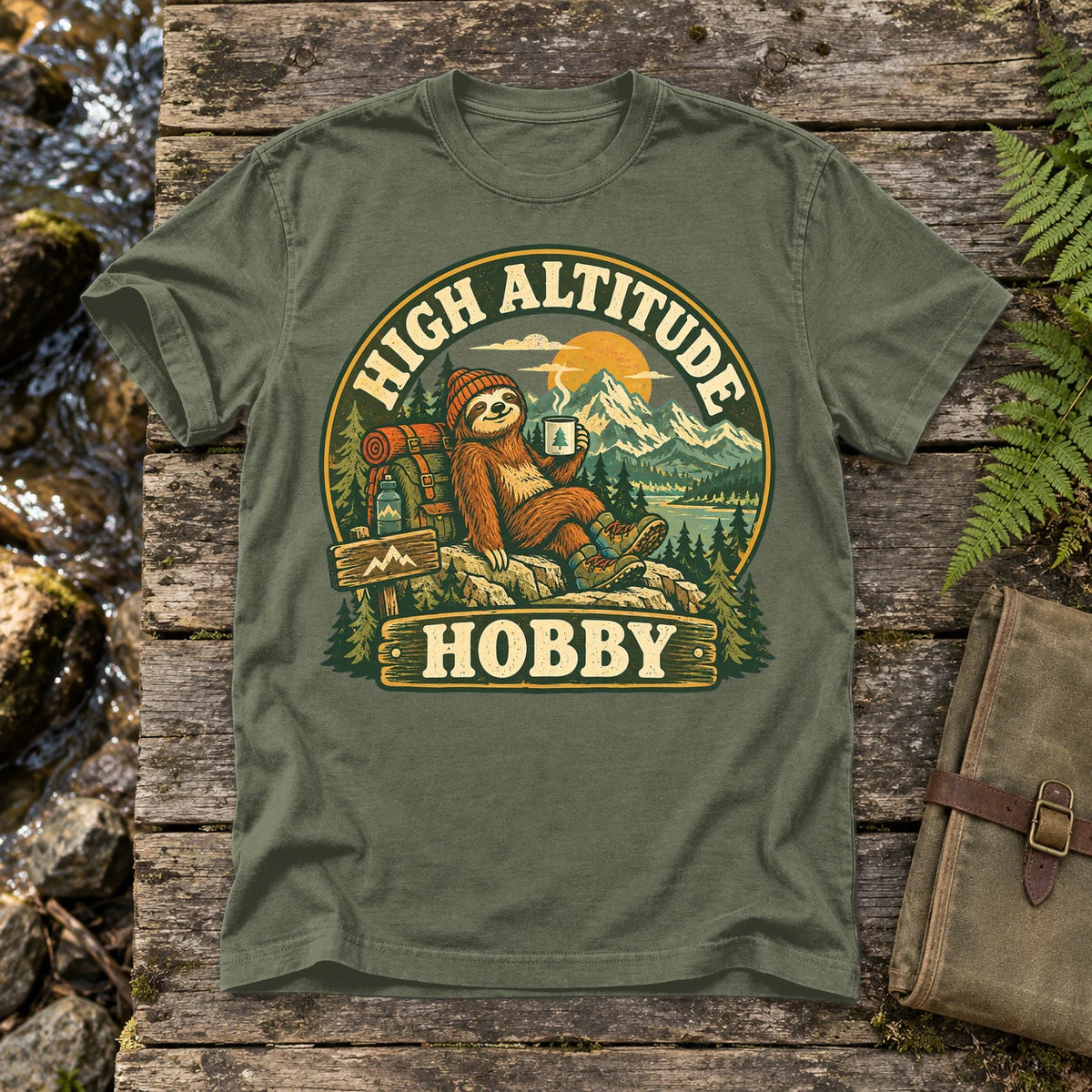 High Altitude Hobby Sloth Graphic Tee on Moss Premium Tee