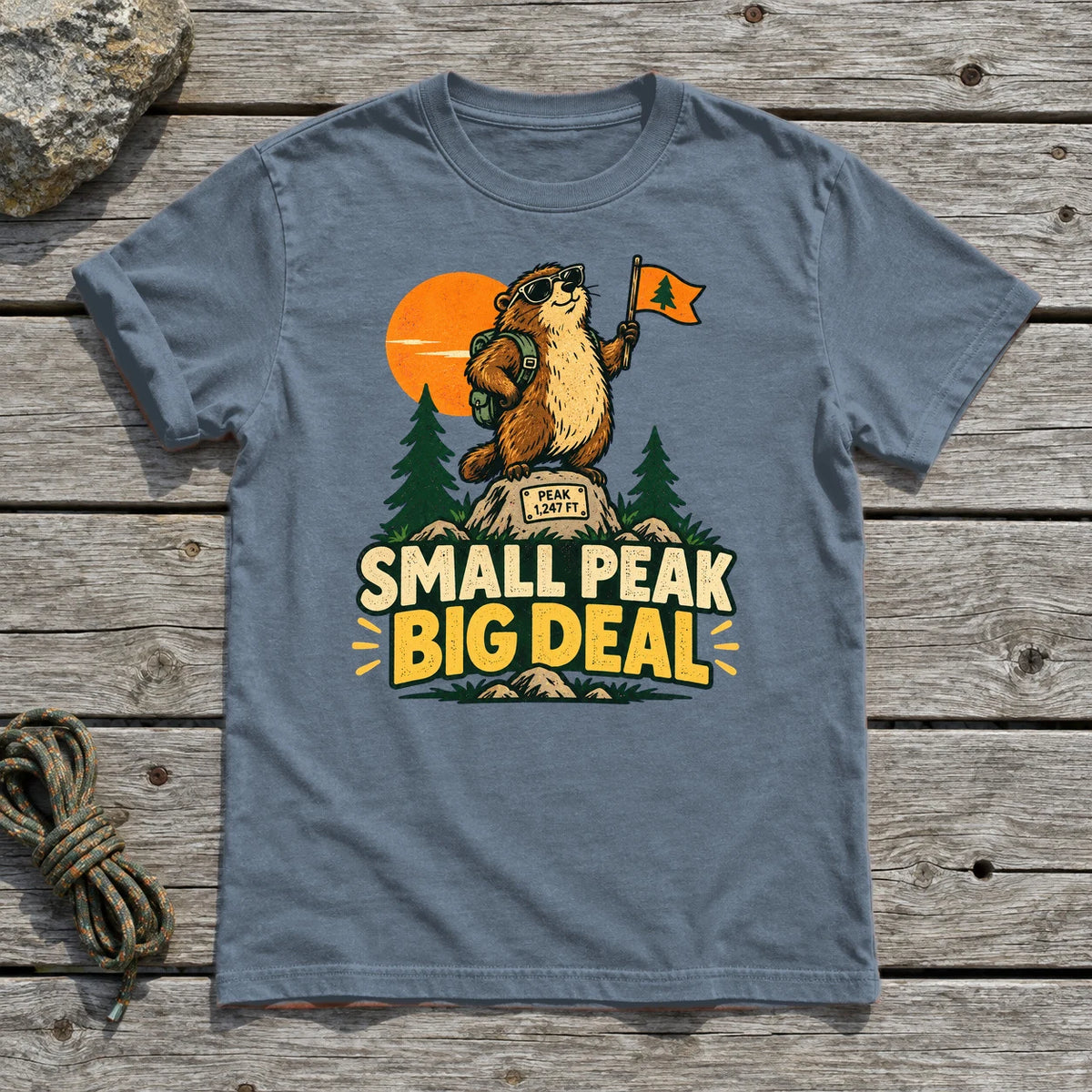 Small Peak Big Deal Graphic Tee on Heather Indigo Everyday Soft Tee