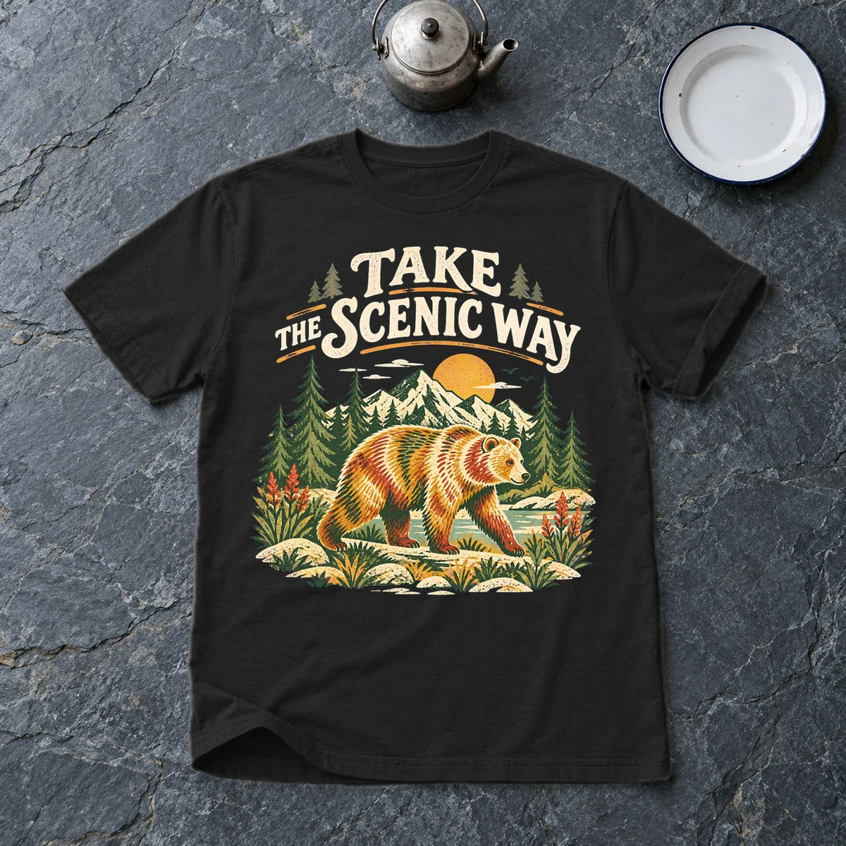 Take The Scenic Way Bear Graphic Tee on Black Everyday Soft Tee
