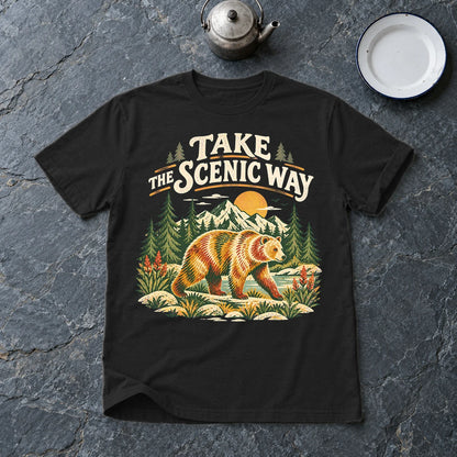Take The Scenic Way Bear Graphic Tee on Black Everyday Soft Tee