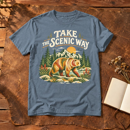 Take The Scenic Way Bear Graphic Tee on Heather Indigo Everyday Soft Tee