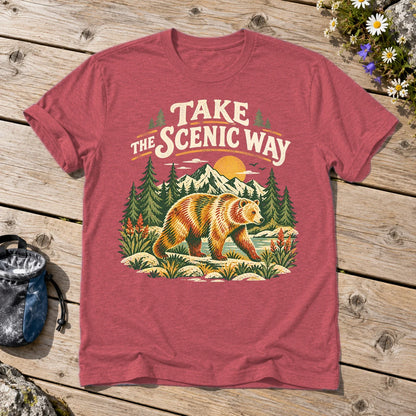 Take The Scenic Way Bear Graphic Tee on Heather Red Everyday Soft Tee