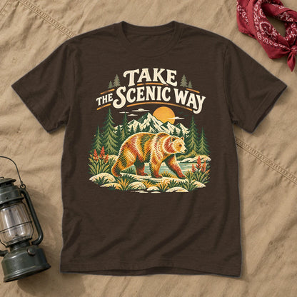 Take The Scenic Way Bear Graphic Tee on Dark Chocolate Everyday Soft Tee