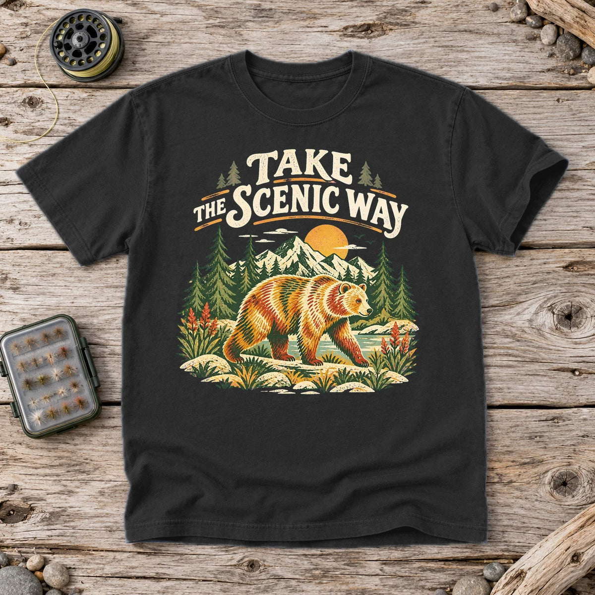 Take The Scenic Way Bear Graphic Tee on Black Premium Tee