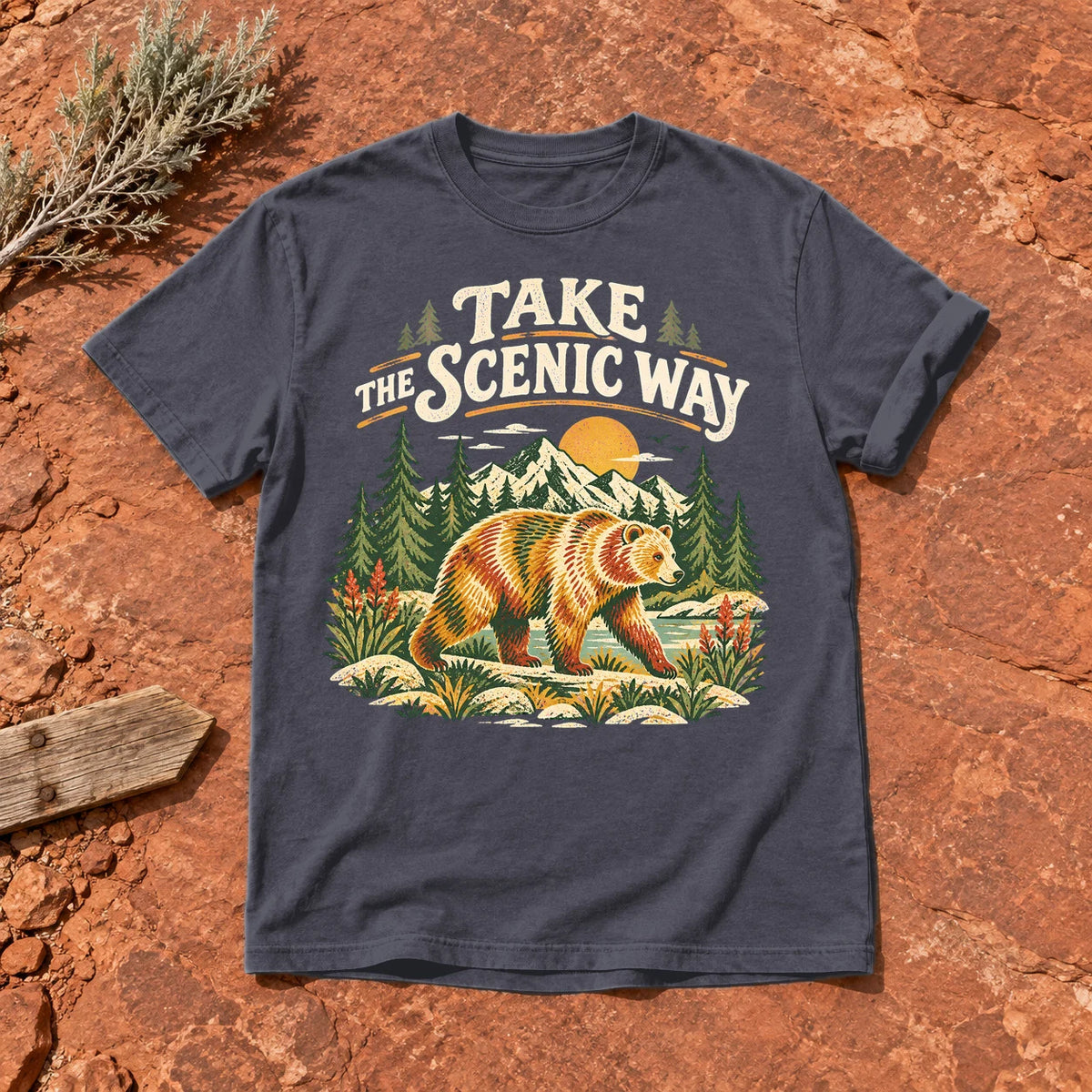 Take The Scenic Way Bear Graphic Tee on Navy Premium Tee
