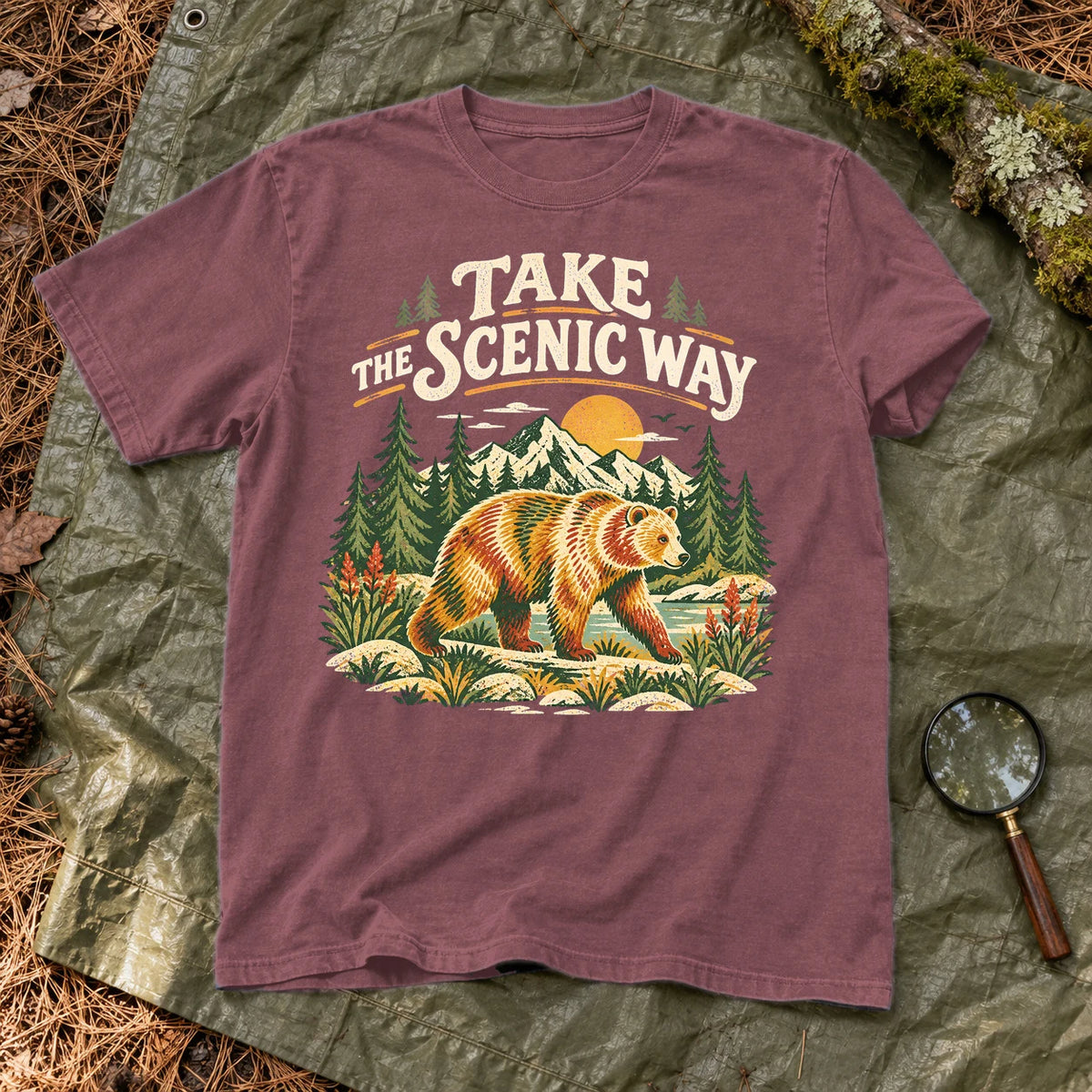 Take The Scenic Way Bear Graphic Tee on Brick Premium Tee