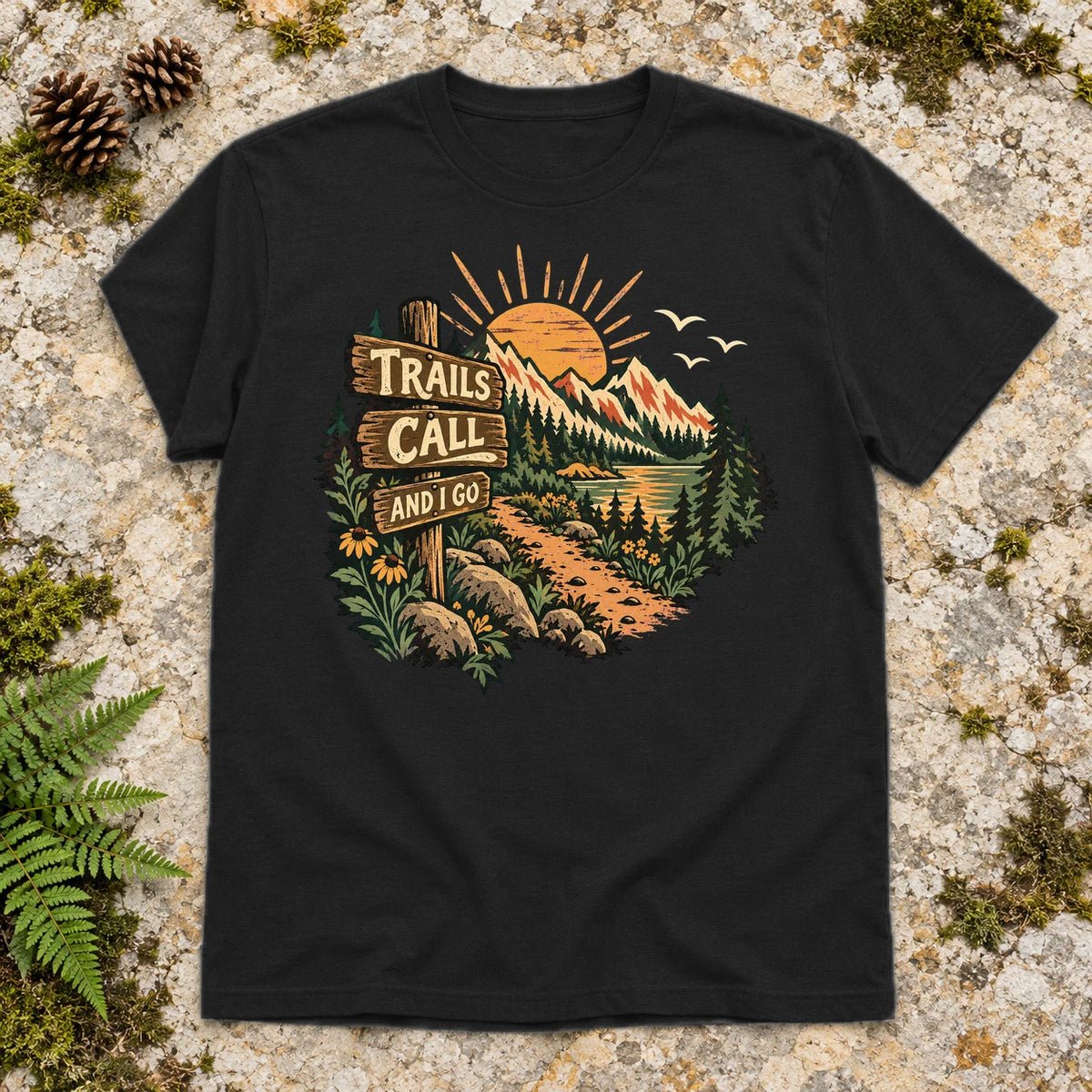 Trails Call Vintage Hiking Graphic Tee on Black Everyday Soft Tee