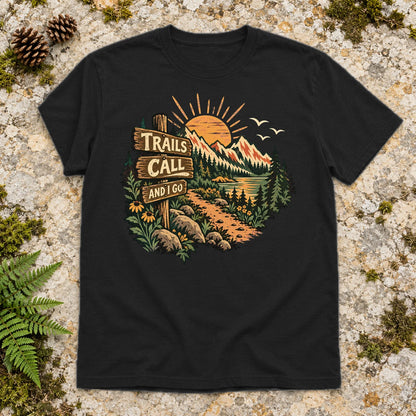Trails Call Vintage Hiking Graphic Tee on Black Everyday Soft Tee