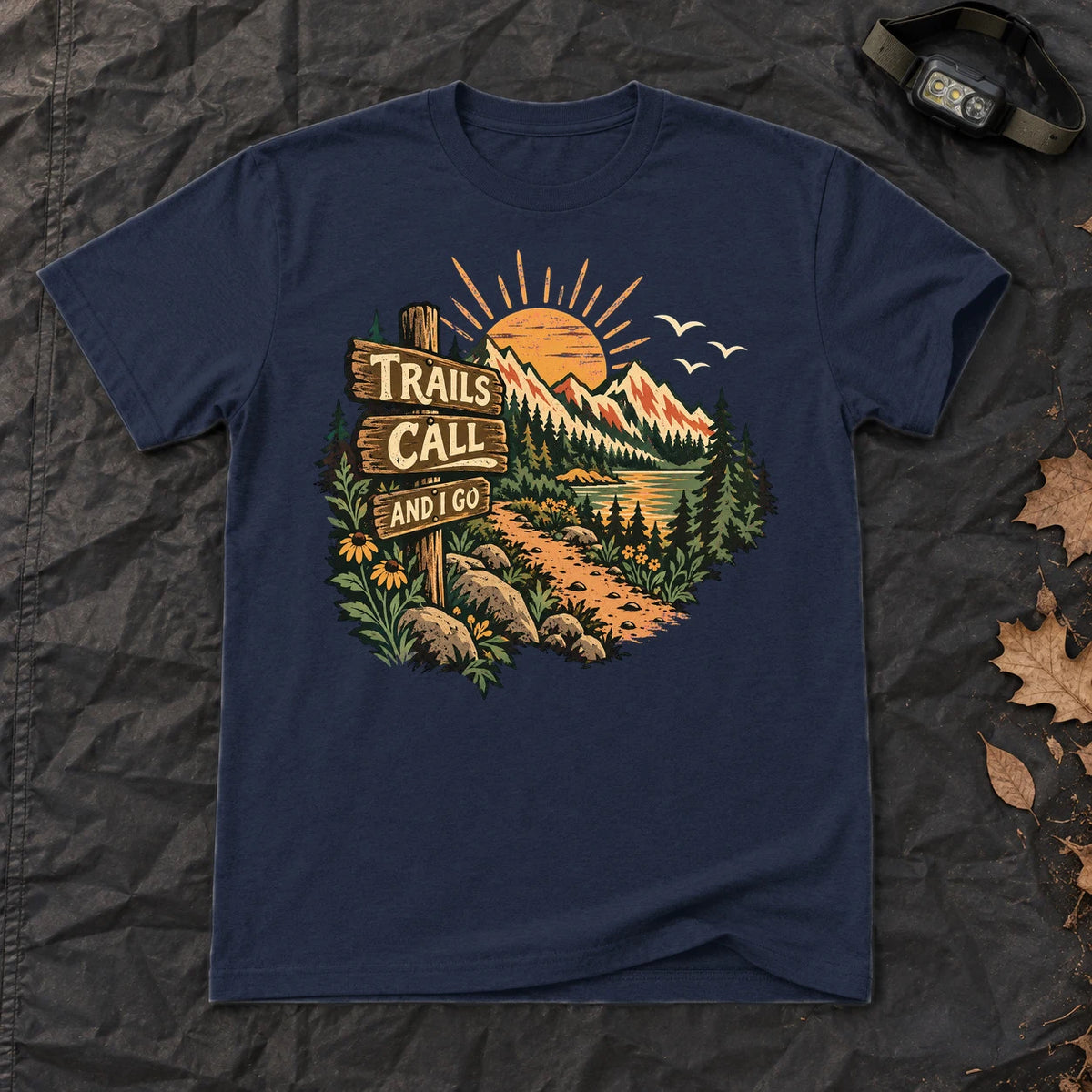 Trails Call Vintage Hiking Graphic Tee on Navy Everyday Soft Tee